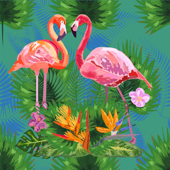 Beautiful seamless floral pattern background with pink flamingos, tropical flowers. Abstract geometric texture