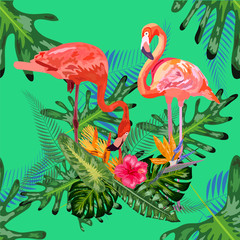 Obraz premium Beautiful seamless floral pattern background with pink flamingos, tropical flowers. Abstract geometric texture