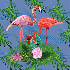 Tropical trendy seamless pattern with pink flamingos and mint green palm leaves.