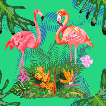 Beautiful seamless floral pattern background with pink flamingos, tropical flowers. Abstract geometric texture © MichiruKayo