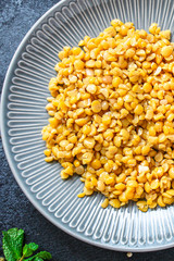 dry peas boiled porridge healthy food (meat product sausage) menu concept background. top view. copy spaces