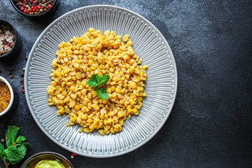 dry peas boiled porridge healthy food (meat product sausage) menu concept background. top view. copy spaces