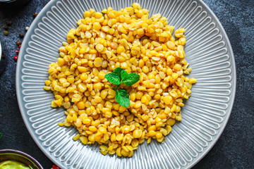 dry peas boiled porridge healthy food (meat product sausage) menu concept background. top view. copy spaces