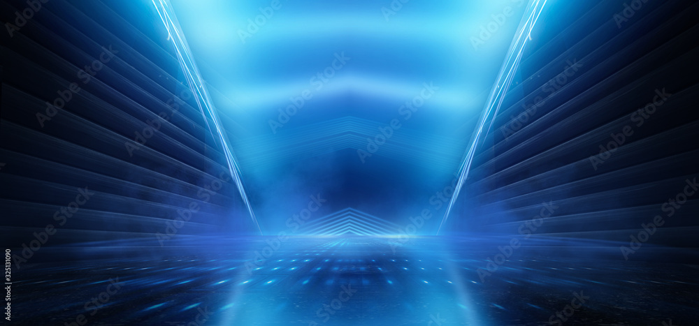 Wall mural dark background with lines and spotlights, neon light, night view. abstract blue background.