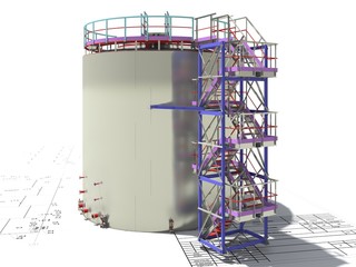 BIM project of an industrial oil storage tank for oil and gasoline. 3D rendering. Refinery. Model and drawings of the building made by engineers.