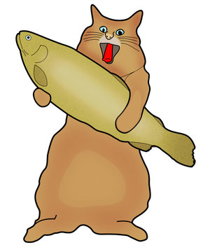 cartoon cat has big fish, illustration