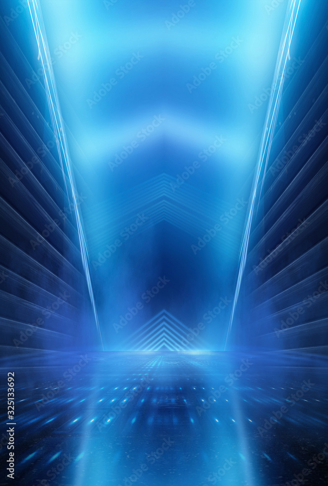Wall mural dark background with lines and spotlights, neon light, night view. abstract blue background.