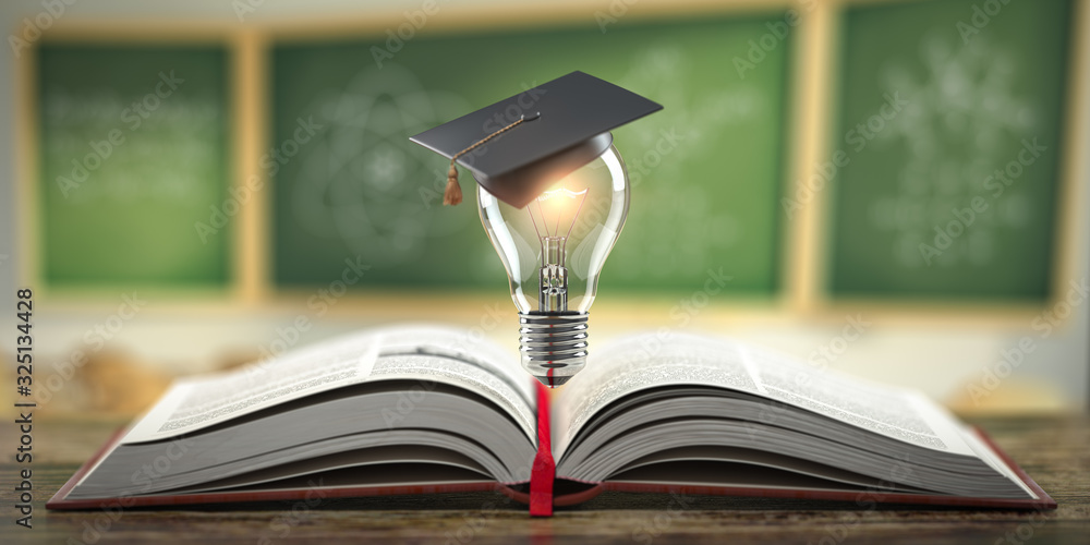 Poster education, learning on school and university or idea concept. open book with light bulb and graduati