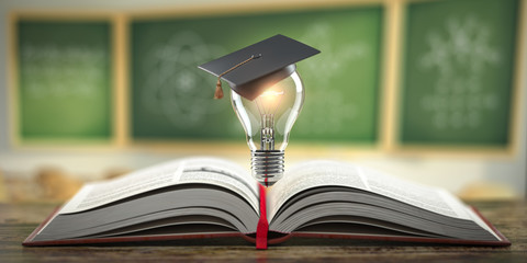 Fototapeta Education, learning on school and university or idea concept. Open book with light bulb and graduation cap on classroom blackboard background. obraz