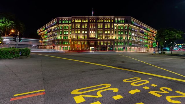 Singapore city, Singapore-  4 August 2019: 4K night time lapse video old Hill street policy station Ministry of Communications and Information (MCI) and Ministry of Culture, Community and Youth