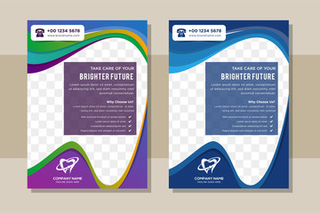 Dental document templates with tooth shape for space of photo or picture.  Brochure dental stomatology design template cover flyer size A4 tooth symbol.  Modern Business Medical Flyer green and blue i