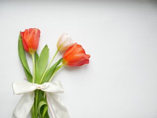 Bouquet of tulips with white ribbon isolated on white background. Top view.