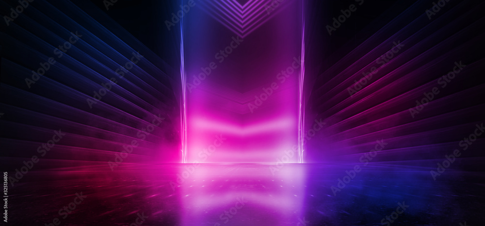 Wall mural dark background with lines and spotlights, neon light, night view. abstract pink background.