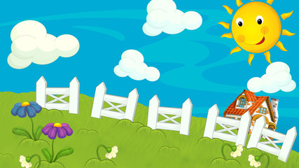 Naklejka premium cartoon farm ranch with meadow with space for text illustration