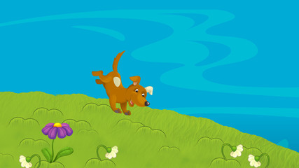 Obraz na płótnie Canvas cartoon farm ranch with meadow with dog with space for text illustration