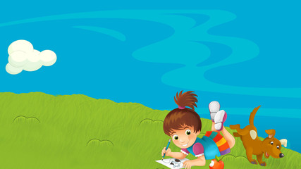Obraz na płótnie Canvas cartoon farm ranch with meadow with girl with space for text illustration