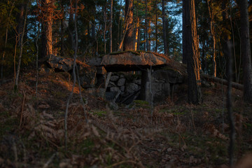 Stone structure in the forest at sunrise