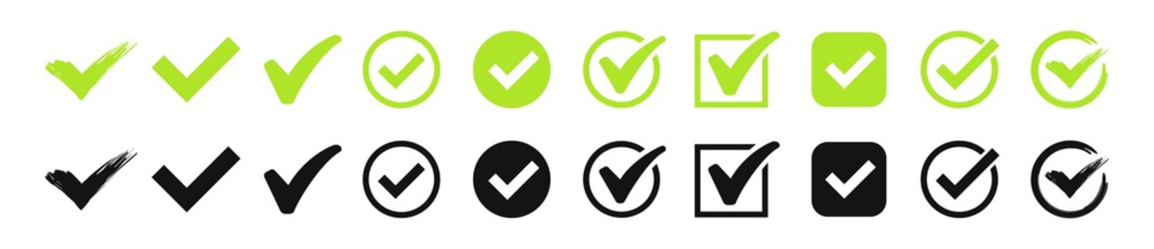 Green check mark and red cross icon set. Circle and square. Tick symbol in green color, vector illustration.