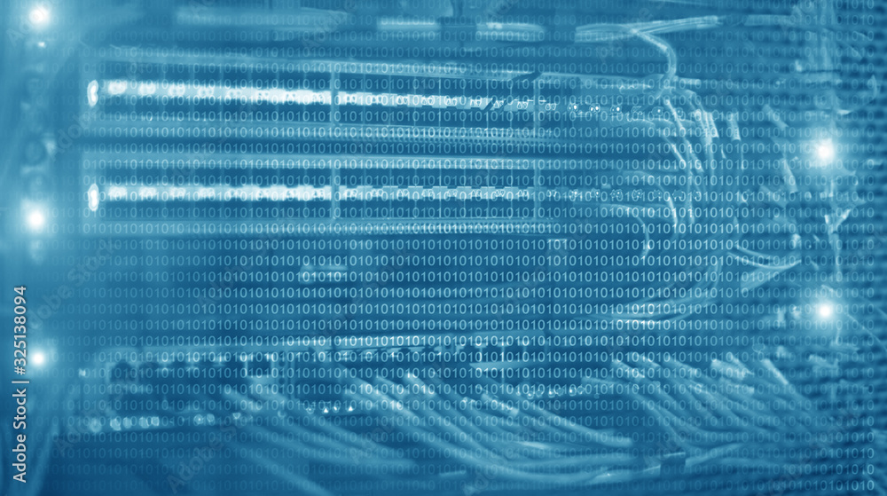 Poster binary code on server room background. abstract wallpaper
