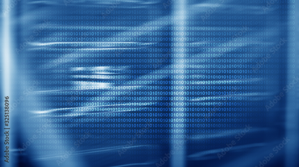 Poster binary code on server room background. abstract wallpaper