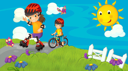 Obraz na płótnie Canvas cartoon farm ranch with meadow with girl skating and boy riding on bicycle with space for text illustration
