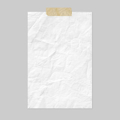 White crumpled paper sheet on light gray background, front view A4 poster mockup with adhesive tape