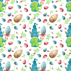 Easter seamless pattern with watercolor  easter bunny gnomes and eggs.