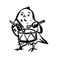 The bird is drumming. Hand-drawn in line art style. Monochrome vector illustration. Isolated on white.