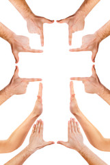 hands making cross symbol, religious sign isolated on white background