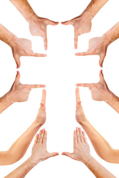 hands making cross symbol, religious sign isolated on white background