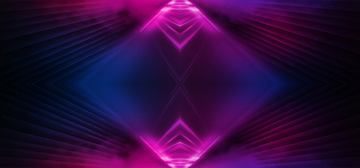Dark background with lines and spotlights, neon light, night view. Abstract pink background.