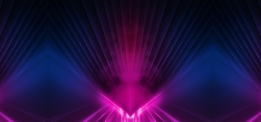 Dark background with lines and spotlights, neon light, night view. Abstract pink background.
