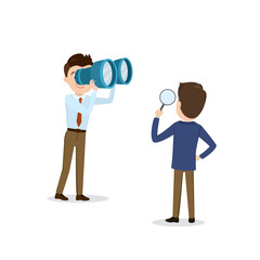 Businessmen with magnifying glass and binoculars,european characters isolated