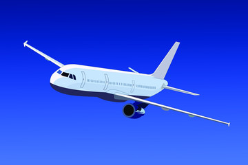Passenger airplane. Landscape with white airplane is flying in the isolated vector design for Commercial plane, Travel or trips, flight and Tours.