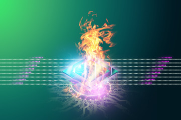 CPU, GPU processor on fire, overheating of the processor, cooling, fast processing of information. Isometric image, Copy space 3D render, 3D illustration.