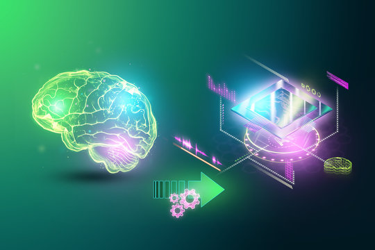 GPU processor, CPU against the brain, artificial intelligence. New technologies, fast information processing, multithreading, parallel information processing. 3D render, 3D illustration.