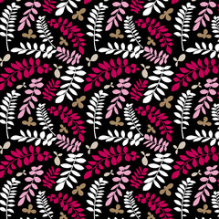 Pattern with leaves of pink flowers on black background. Design for print, textiles, fabrics, fashion, interior, wrapping paper. Seamless illustration.