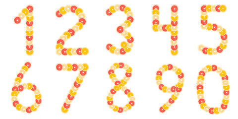 Set of numbers made from sliced citrus fruits. Oranges, grapefruit. Isolated on white background
