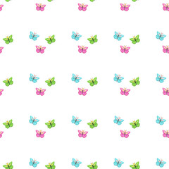 Seamless pattern with cute cartoon butterflies in different colors on white background. Flat vector illustration.