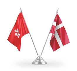 Denmark and Hong Kong table flags isolated on white 3D rendering