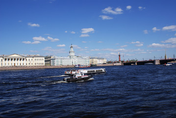 Fototapeta na wymiar Pleasure boat on the Neva River, St. Petersburg.