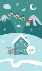 ughujhuvggvWinter Christmas New Year banner with houses snow slides sleighs and Santa-06