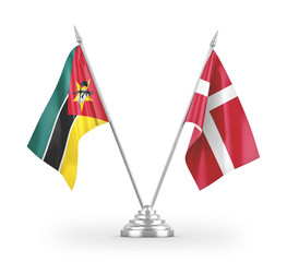 Denmark and Mozambique table flags isolated on white 3D rendering