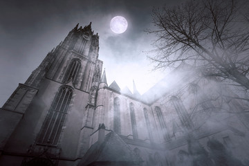 Old gothic Church with Moonlight and foggy Night in Frankfurt in Germany 