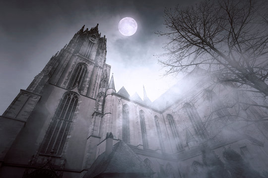 Old Gothic Church With Moonlight And Foggy Night In Frankfurt In Germany 