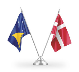 Denmark and Tokelau table flags isolated on white 3D rendering