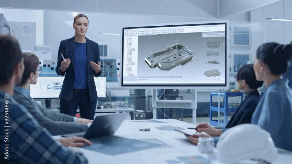 Poster Modern Industrial Factory Meeting: Confident Female Engineer Uses Interactive Whiteboard, Makes Report to a Group of Engineers, Managers Talks and Shows 3D Mechanical Component made in CAD Software
