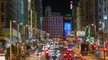 Madrid, Spain cityscape on Gran Via at twilight timelapse.