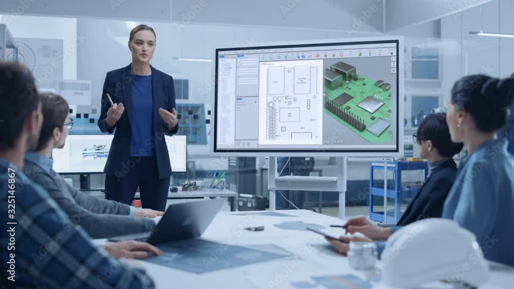 Poster Modern Industrial Factory Meeting: Confident Female Computer Engineer Uses Digital Interactive Whiteboard, Talks to a Group of Engineers, Managers Talks and Shows 3D Printed Circuit Board Concept