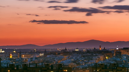 Day to night timelapse View of Madrid, Spain. Photo taken from the hills of Tio Pio Park,...